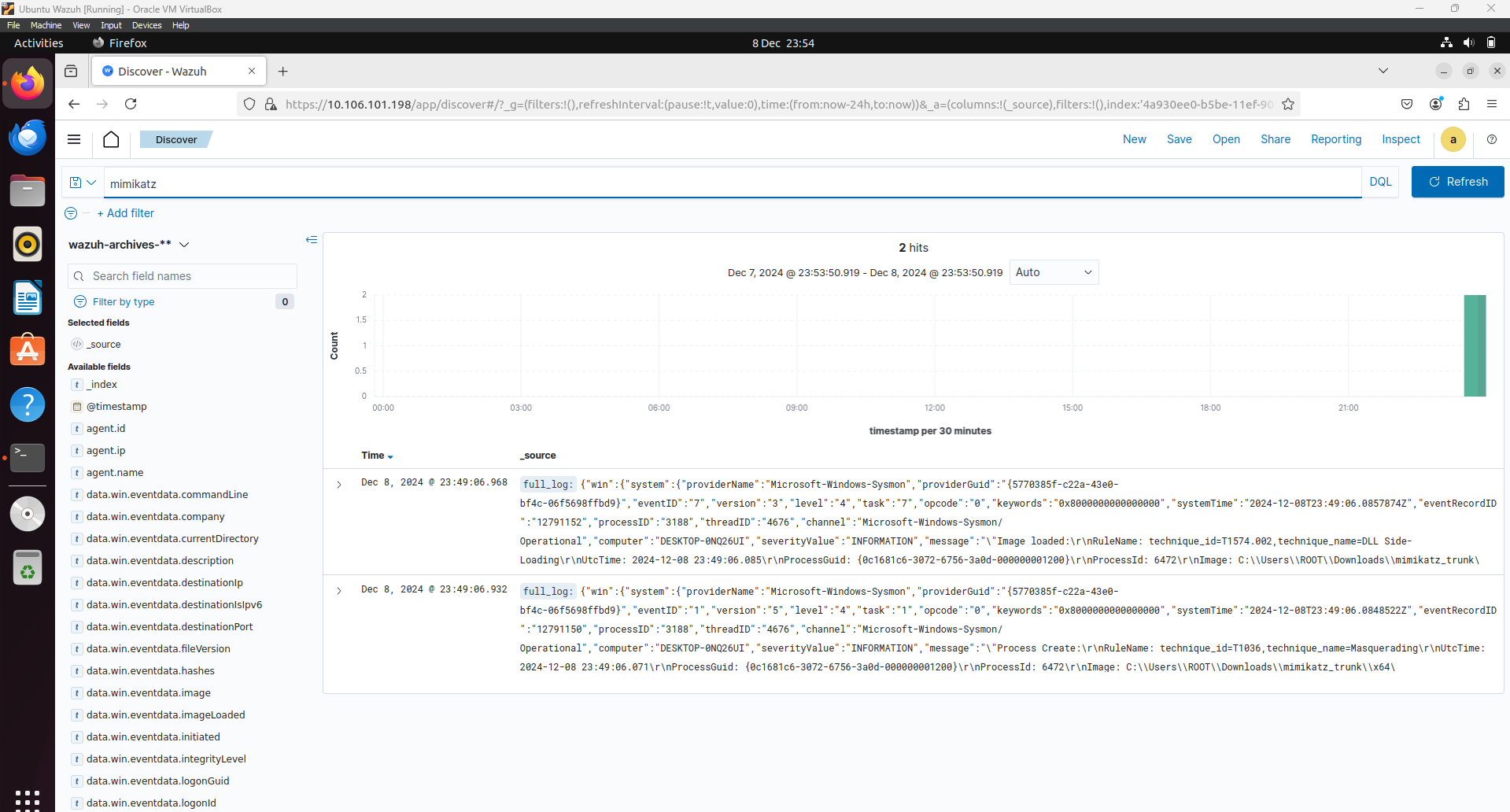 Mimikatz Event Logs Visible in Wazuh Dashboard